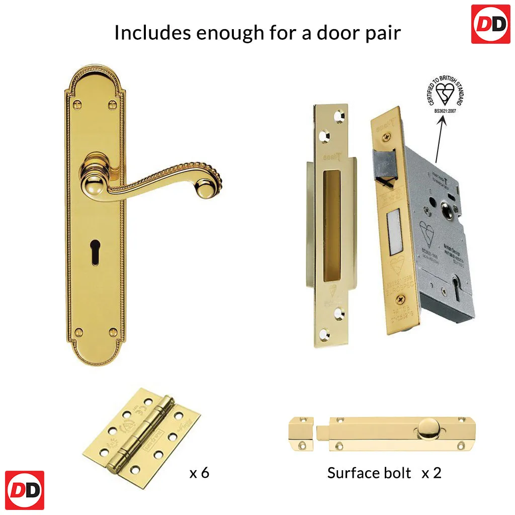 Double Door DL271 Chesham Lever Lock Handles Polished Brass - Combo Handle & Accessory Pack