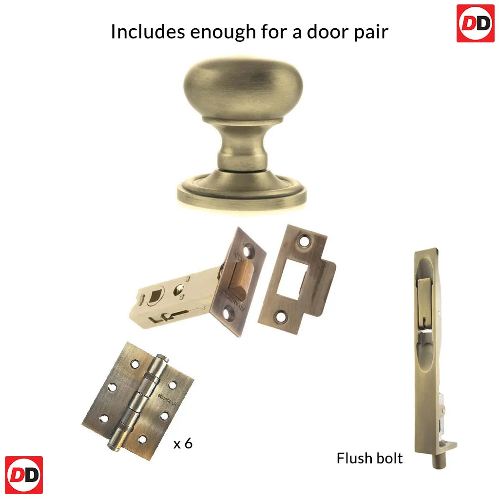 Double Door Pack Harrogate Mushroom Old English Mortice Knob Matt Antique Brass Combo Handle & Accessory Pack